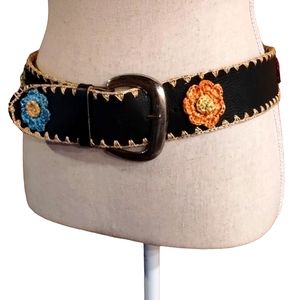 Brown Suede Belt With Crochet Flowers Size Large